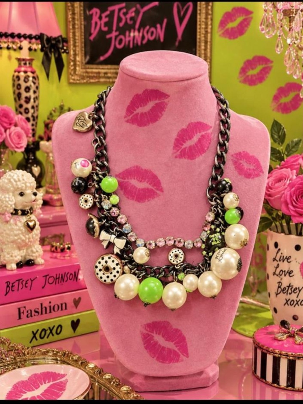 Vintage Betsey Johnson Pink, Lime & Pearl Chain Statement Necklace